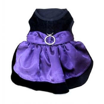Black Velvet & Purple Satin Holiday Dog Harness Dress