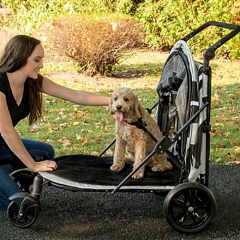 The Expedition No-Zip Stroller (shown in Fog) opens fully for easy access to your pet