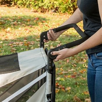 An adjustable, multi-position handle offers greater comfort for you while pushing the stroller