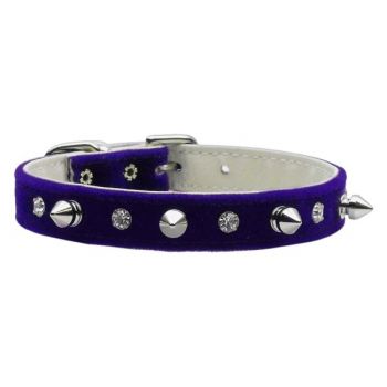 Velvet Crystal and Spike Dog Collar - in Purple